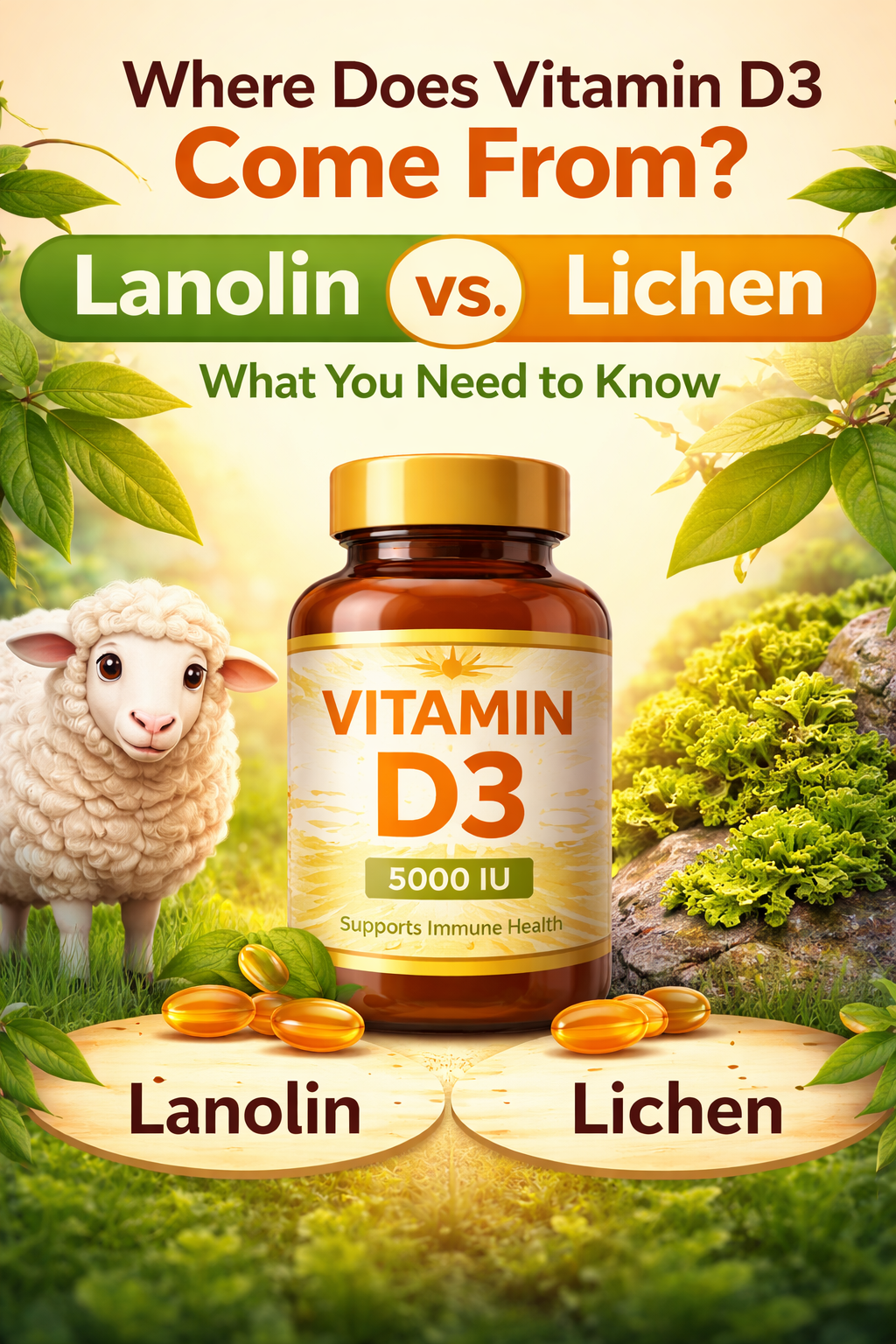 Vitamin D3 sources: lanolin (sheep's wool) and lichen (vegan)