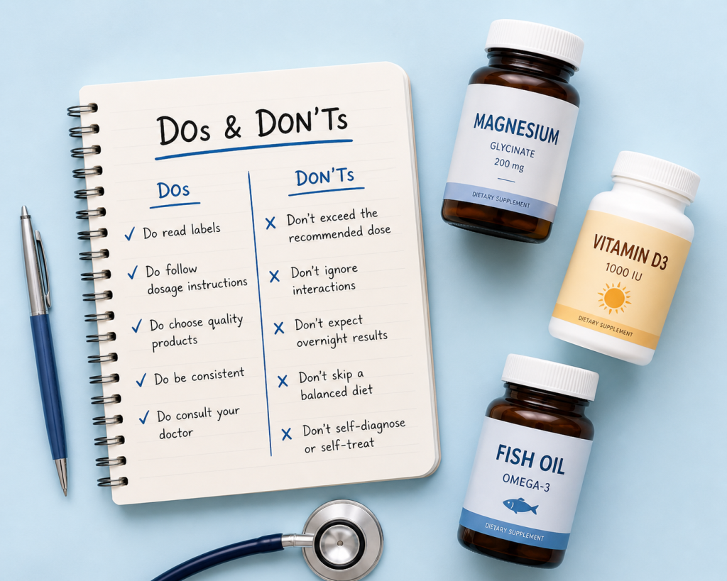 Supplement do’s and don’ts checklist with magnesium and vitamin D3 bottles – visual guide for building a safe supplement stack